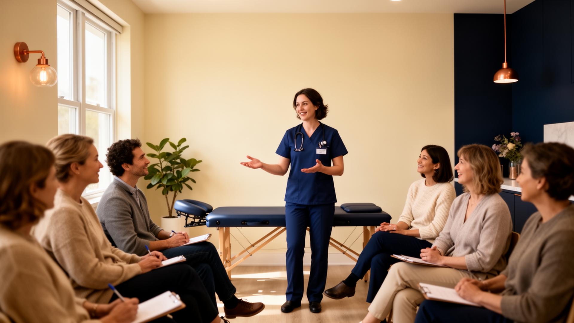 Chiropractor leading an in-person community workshop with engaged attendees